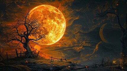 Fototapeta premium Full moon for a happy halloween, Halloween elements, Happy Halloween