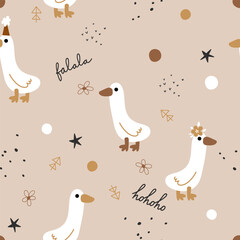 Cute goose duck christmas new year beige childish kid toddler fabric seamless pattern 