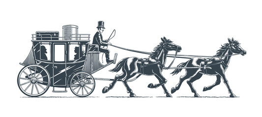 Stagecoach wagon or diligence with horses. Wild West style traditional horse-drawn carriage with the coach and passengers. Black and white monochrome vector illustration.
