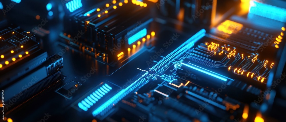 Poster a close-up view of a futuristic circuit board with glowing elements and intricate designs.