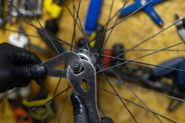 Close-up of Maintenance of the front wheel of a bicycle rim 29