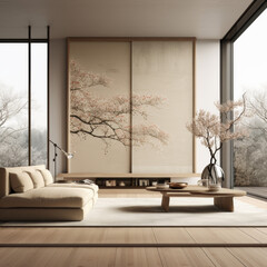 Japandi interior design, neutral large screens