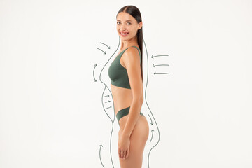 Creative collage for lady in underwear with silhouette outlines around her slim figure, standing on white background, side view