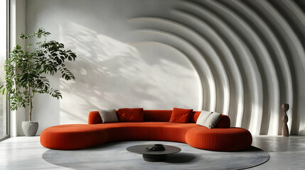 Modern Living Room Interior Design with Curved Wall, Red Sofa, and Minimalist Decor - 3D Illustration