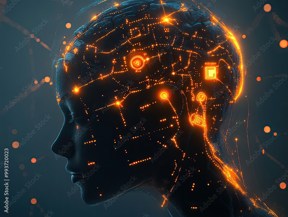 Poster brain-machine interface with glowing neural pathways, data transfers, and a sleek futuristic design
