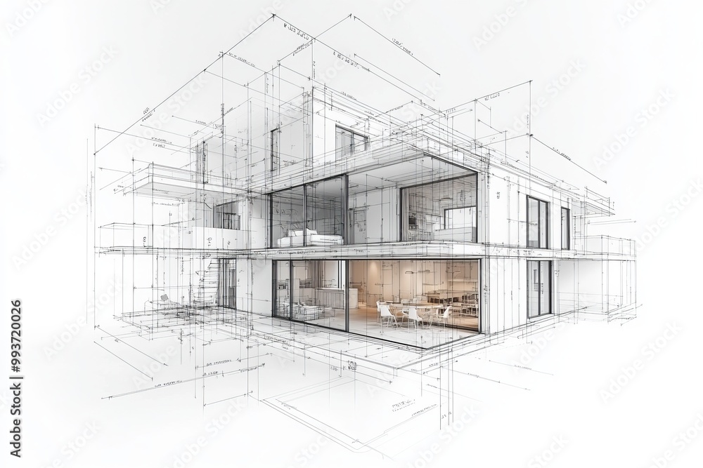 Poster technical wireframe sketch of a modern house structure featuring detailed architectural drawings and