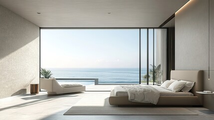 Modern, monochromatic bedroom with minimalist furniture and a panoramic window framing an ocean horizon.