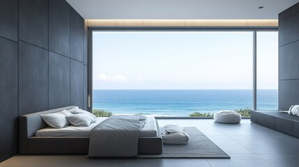 Fototapeta premium Modern, monochromatic bedroom with minimalist furniture and a panoramic window framing an ocean horizon.