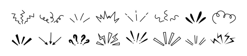 Set of hand draw emotional elements. Effects for comics or manga. Black minimalistic sparkle.