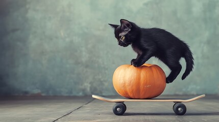 A cute black kitten stands on a pumpkin perched on a skateboard.