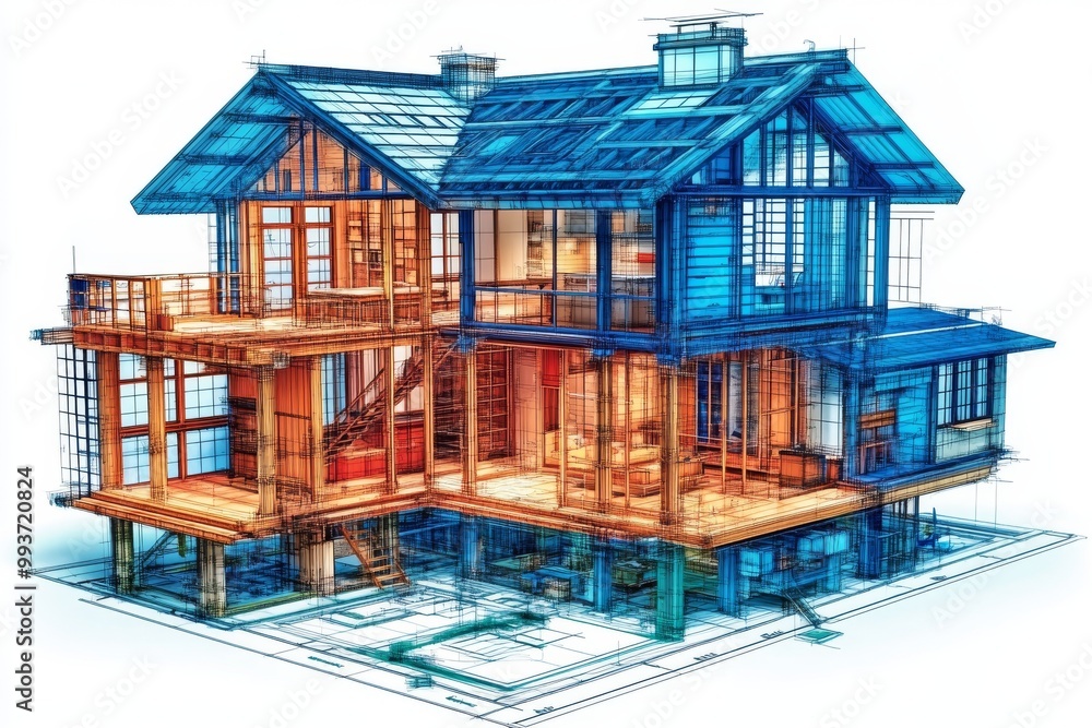 Poster wireframe blueprint of a modern wooden house under construction highlighting architectural design el
