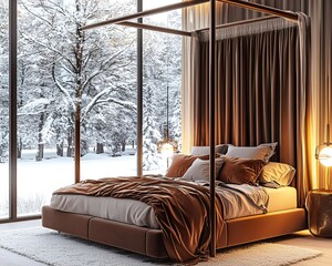 Modern winter bedroom featuring a canopy bed draped in velvet, warm lighting, and snow-covered trees outside.