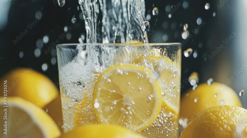 Poster a refreshing drink with lemon slices and bubbles, evoking a sense of thirst-quenching enjoyment.