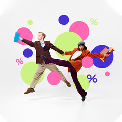 Dynamic image of stylish man and woman in motion with shopping bags against white background with colorful elements. Discounts. Creative design. Concept of sales, Black Friday, Cyber Monday