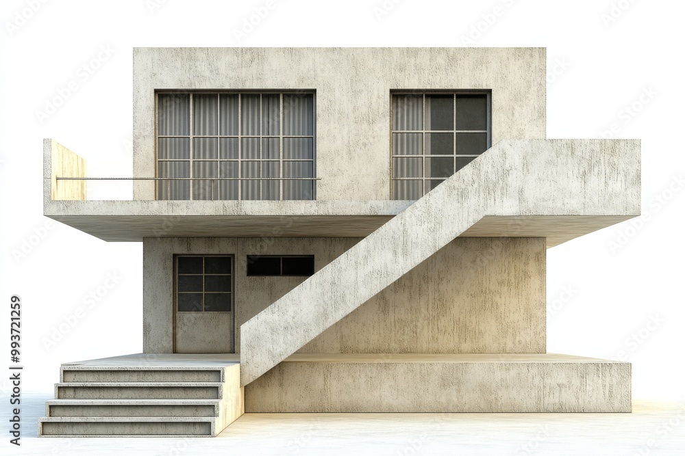 Poster minimalist concrete building with external staircases emphasizing brutalist architecture and functio