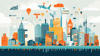 Modern city skyline featuring skyscrapers, technology, and transportation elements, showcasing vibrant urban environment filled with innovation and activity