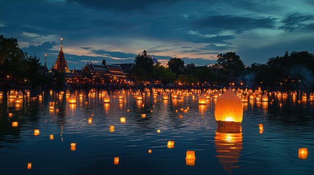 Sukhothai Community Festival Illustration Co Lamplighter Loy Krathong, Ai generated image
