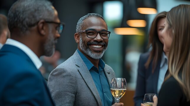 Diverse Business Professionals Networking at Corporate Event with Smiles and Engagement