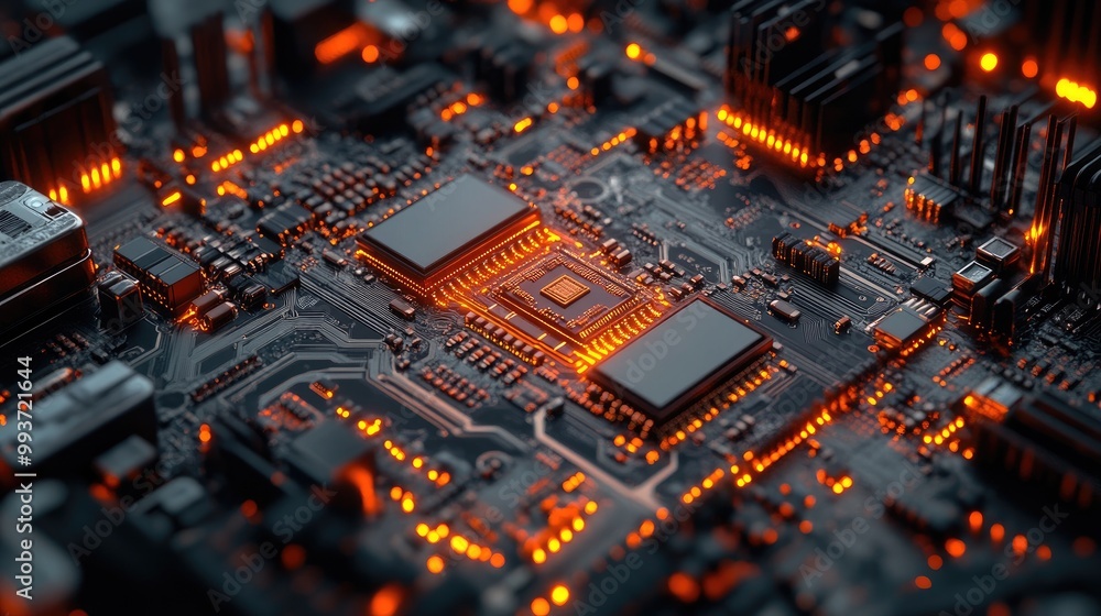 Poster computer processor with intricate details, showcasing microchips and internal wiring, metallic and p