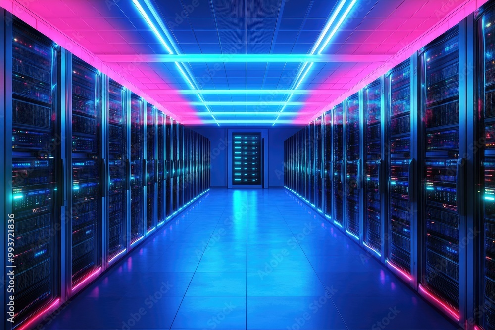 Poster computer server farm with rows of servers in a high-tech data center, glowing lights and cool indust