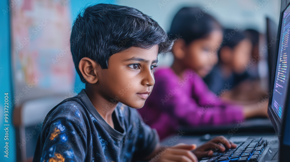 Aufkleber young boy is focused on learning digital skills while using computer in classroom setting. his conce