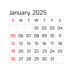 2025 Year January Month Single Page Corporate Wall Calendar Template, Professional Style-01 Template. Mock Up, Layout Of A Wall Or Desk Simple Calendar