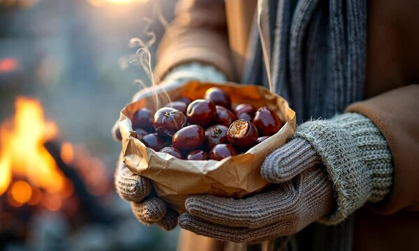 Roasted chestnuts in a cozy autumn setting Generated with AI