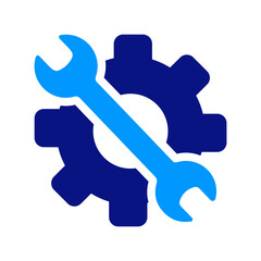 Wrench over a gear, blue and dark blue, maintenance and repair, engineering concept, tool set, gear symbol, wrench icon, mechanical service, industry tools.