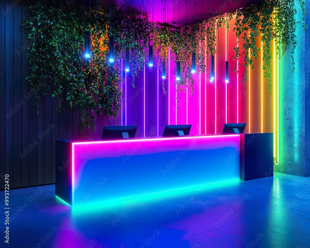 Poster reception desk illuminated by colorful neon lights in contrasting hues, with cascading greenery enha