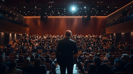 CEO Delivering Motivational Speech to Employees in Corporate Auditorium