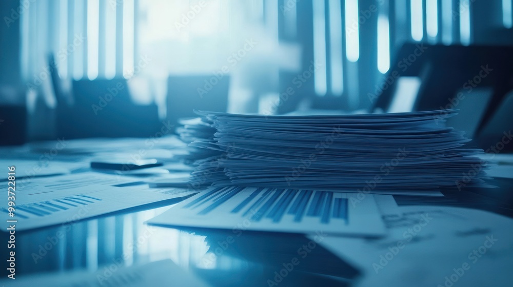 Poster a stack of documents on a conference table, surrounded by various papers and charts.