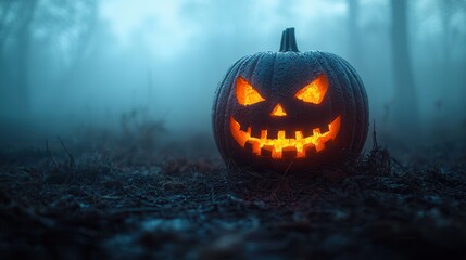 Naklejka premium Spooky Halloween Pumpkin in Foggy Forest