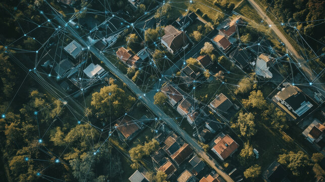 Aerial view of suburban area showcasing interconnected homes with digital network lines representing high speed internet connectivity. This image highlights importance of technology in modern living