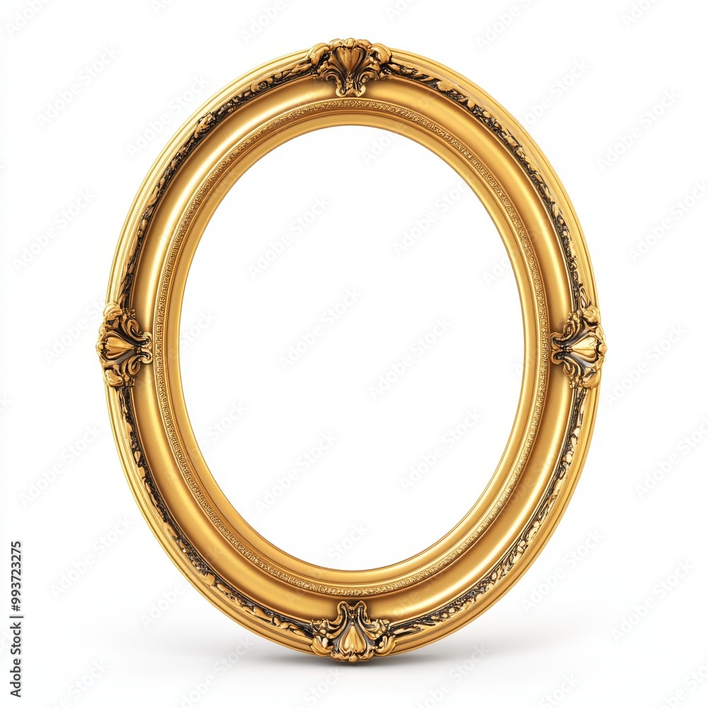 Poster elegant gold oval frame in classic design on white background with copy space - 3d render with shiny