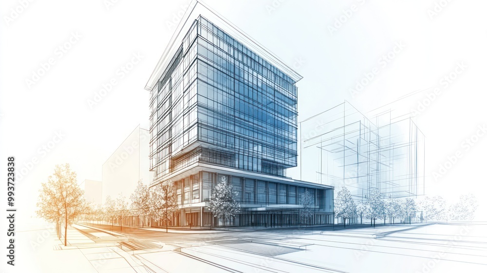 Poster architectural rendering of a modern building design with detailed outlines and shading.