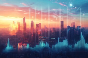 Economic growth projection with soaring graphs, new infrastructure, and a booming economy