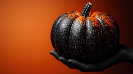 Black and Orange Pumpkin on Hand Against Orange Background