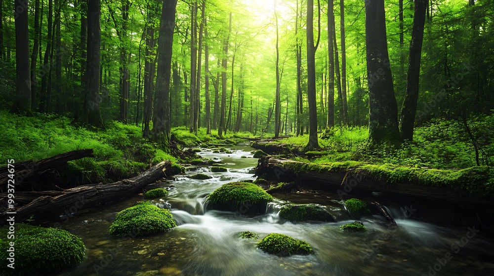 Poster sunlight streams through the canopy of a lush green forest, illuminating a babbling brook that winds