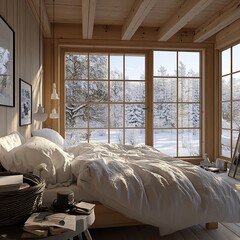 Scandinavian bedroom winter view
