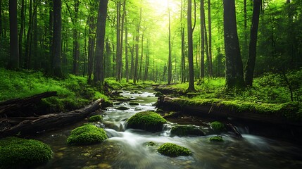 Obraz premium Sunlight streams through the canopy of a lush green forest, illuminating a babbling brook that winds its way through the trees.