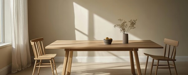 Scandinavian oak dining table with clean, sharp lines, surrounded by simple wooden chairs, all set against a neutral backdrop.