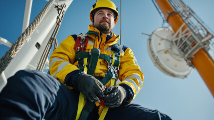 maintenance engineer in safety harness is preparing for work at height, showcasing professionalism and focus. bright yellow gear contrasts with blue sky, emphasizing safety