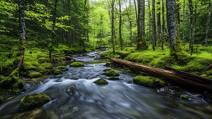 Obraz premium A stream flows through a lush green forest, covered in moss and ferns.