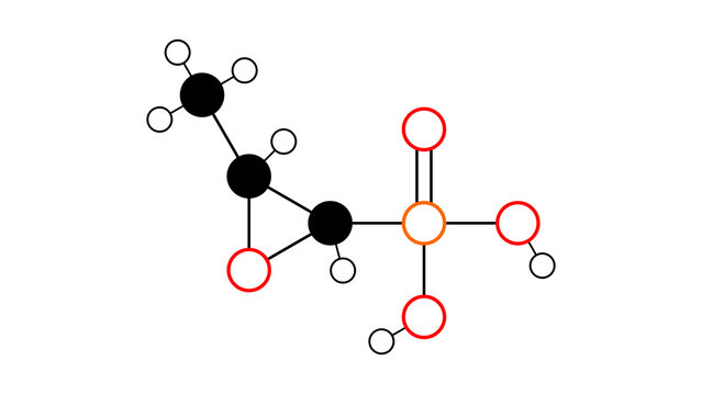 fosfomycin molecule, structural chemical formula, ball-and-stick model, isolated image antibiotic
