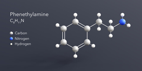 phenethylamine molecule 3d rendering, flat molecular structure with chemical formula and atoms color coding