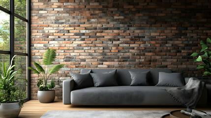 Naklejka premium Modern Living Room with Brick Wall 3D Illustration