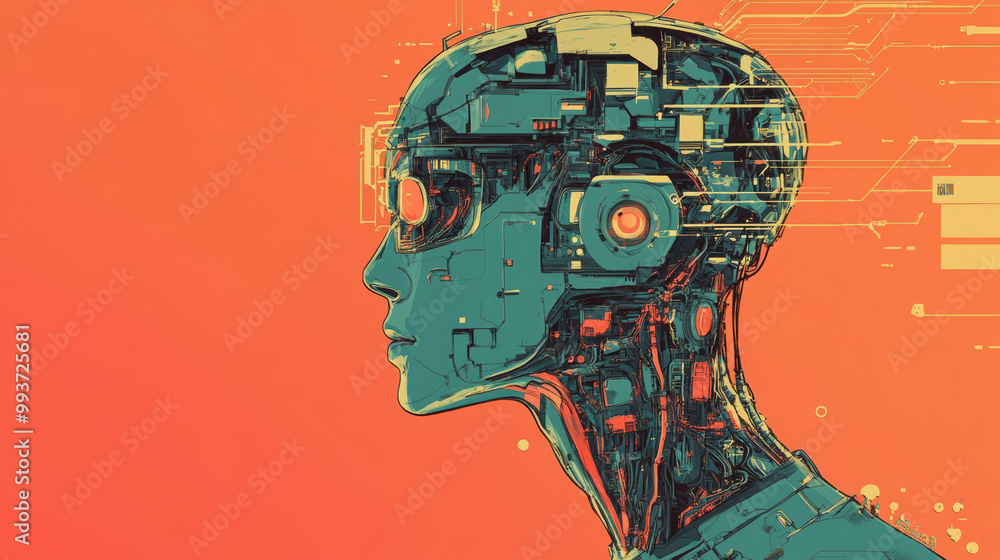 Poster image features futuristic robotic head with intricate circuitry and glowing elements, set against vi