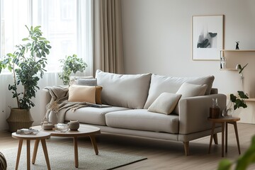 Scandinavian-inspired sofa set with soft fabrics and minimalist side tables, creating a cozy yet sophisticated lounge space.