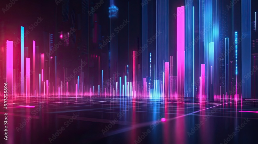 Poster futuristic bar graph with glowing neon colors, smooth metallic lines, dynamic data points, sleek and