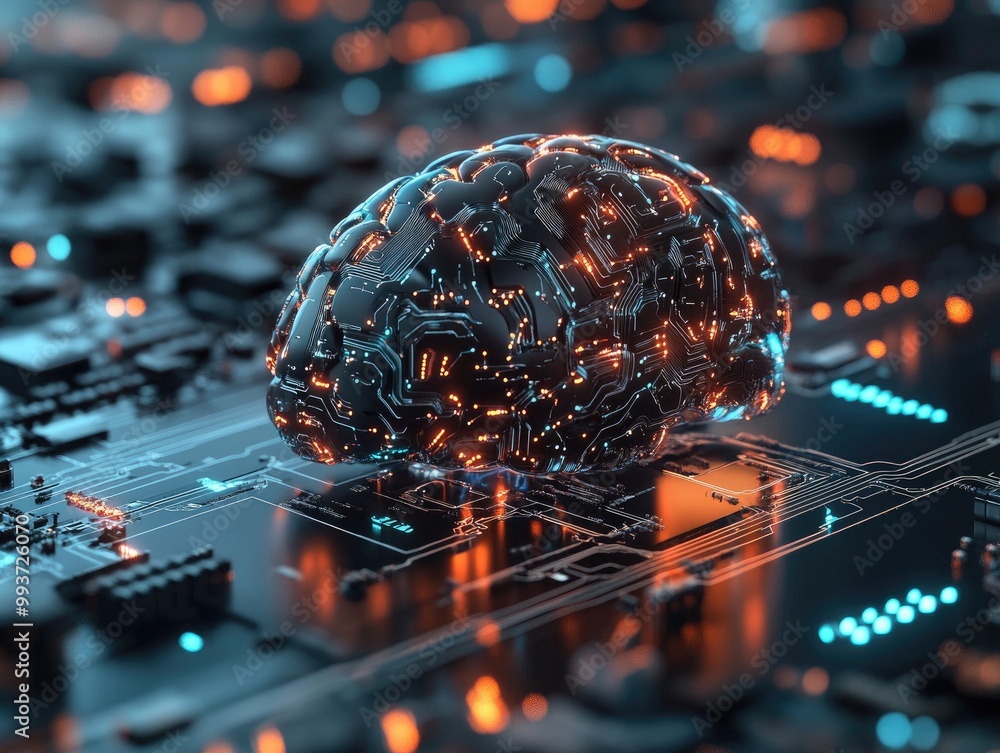 Poster futuristic brain with digital circuits, advanced neural networks, and sleek metallic components, rep